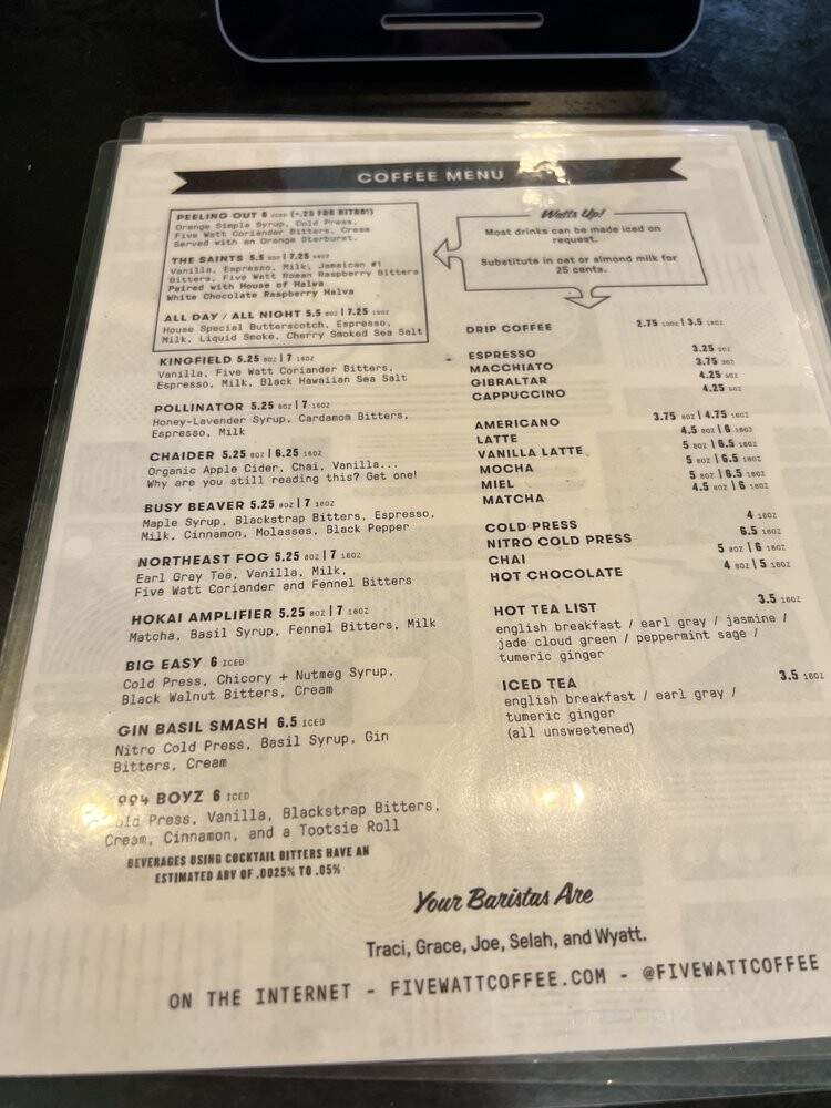 Five Watt Coffee - Saint Paul, MN menu_pic