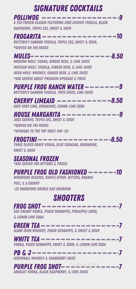 The Purple Frog Restaurant - Fort Worth, TX menu_pic