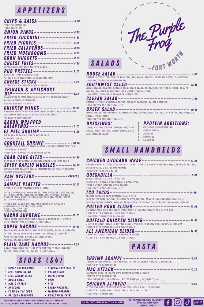 The Purple Frog Restaurant - Fort Worth, TX menu_pic