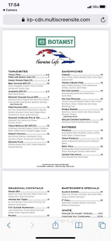 Botanist Bar PDX - Portland, OR menu_pic