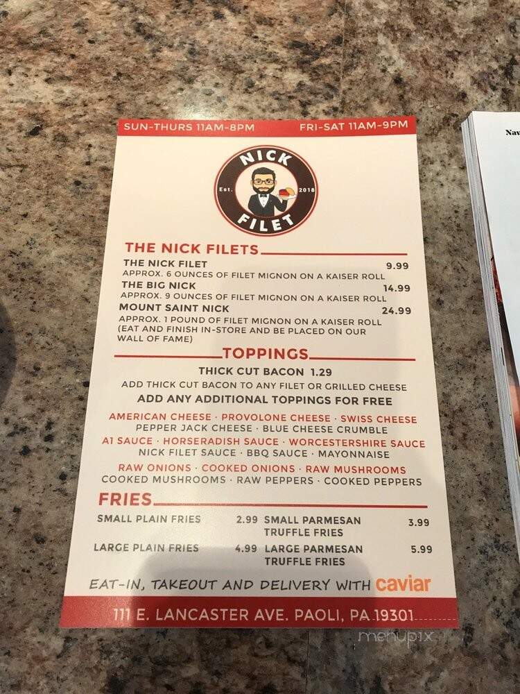 Nick Filet - Paoli, PA menu_pic