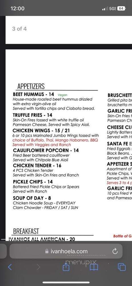 Ivanhoe Restaurant & Bar - Los Angeles, CA menu_pic