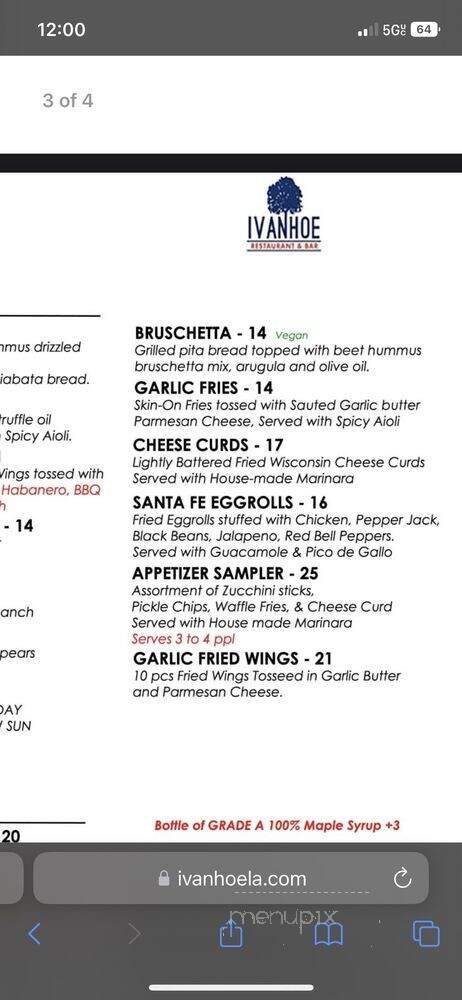 Ivanhoe Restaurant & Bar - Los Angeles, CA menu_pic