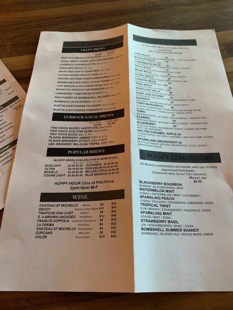 Toro Burger Bar - Lubbock, TX menu_pic