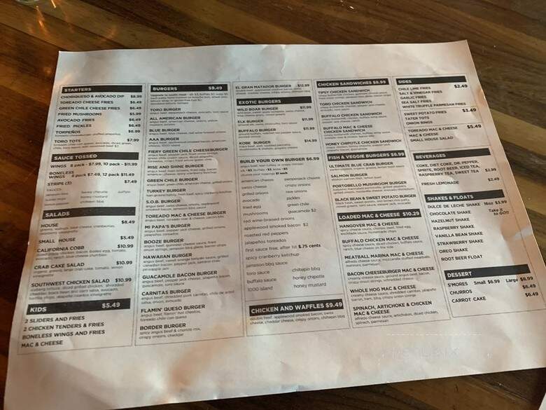 Toro Burger Bar - Lubbock, TX menu_pic