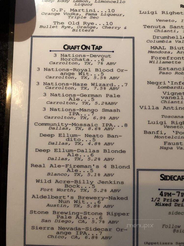 Sidecar Tavern - Grapevine, TX menu_pic