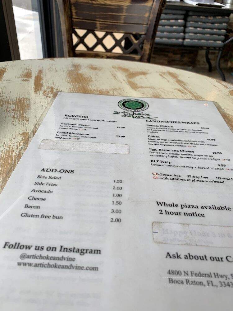 Artichoke & Vine - Boca Raton, FL menu_pic