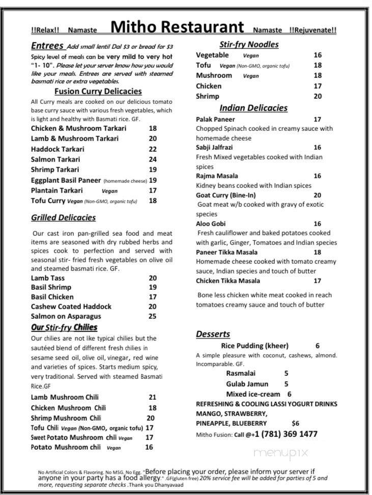 Mitho Restaurant - Winchester, MA menu_pic