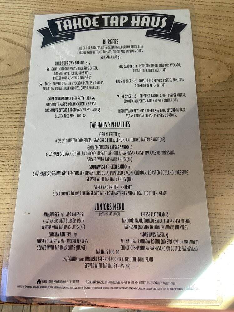 Tahoe Tap Haus - Tahoe City, CA menu_pic