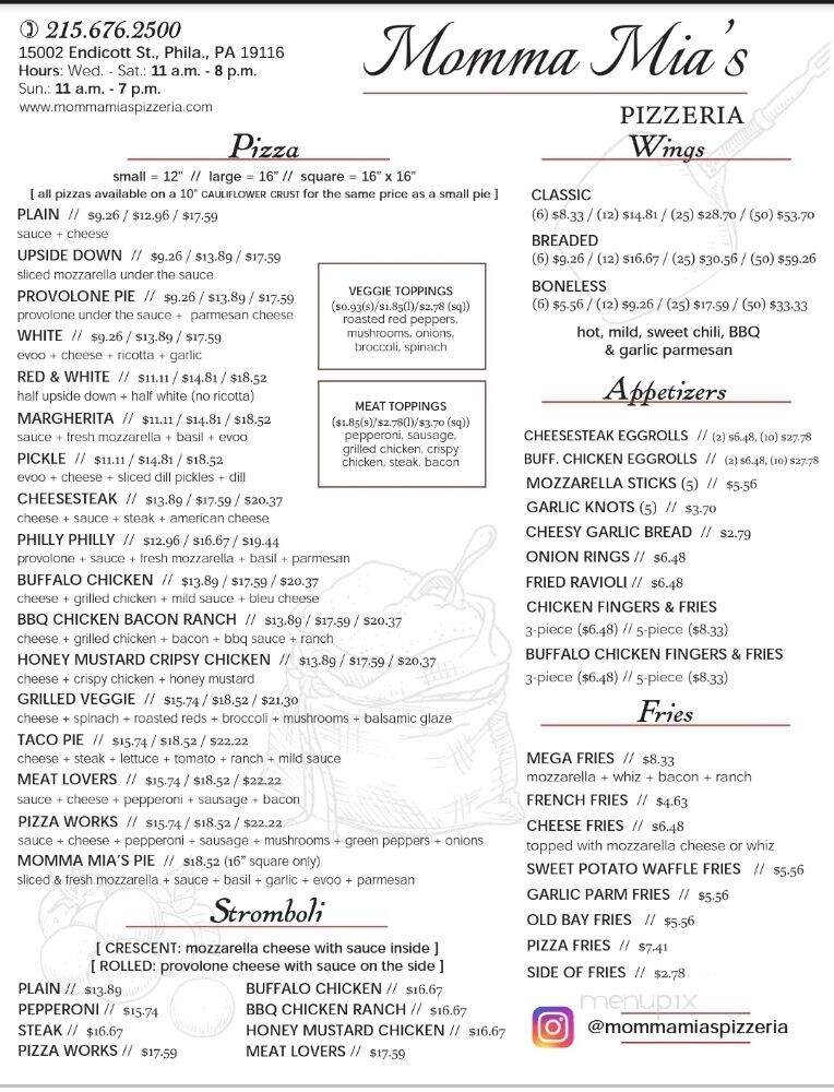 Momma Mia's Pizzeria - Philadelphia, PA menu_pic