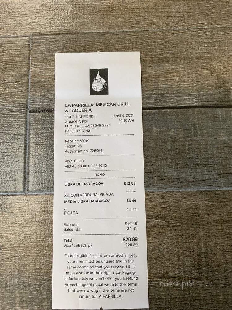 La Parilla - Lemoore, CA menu_pic