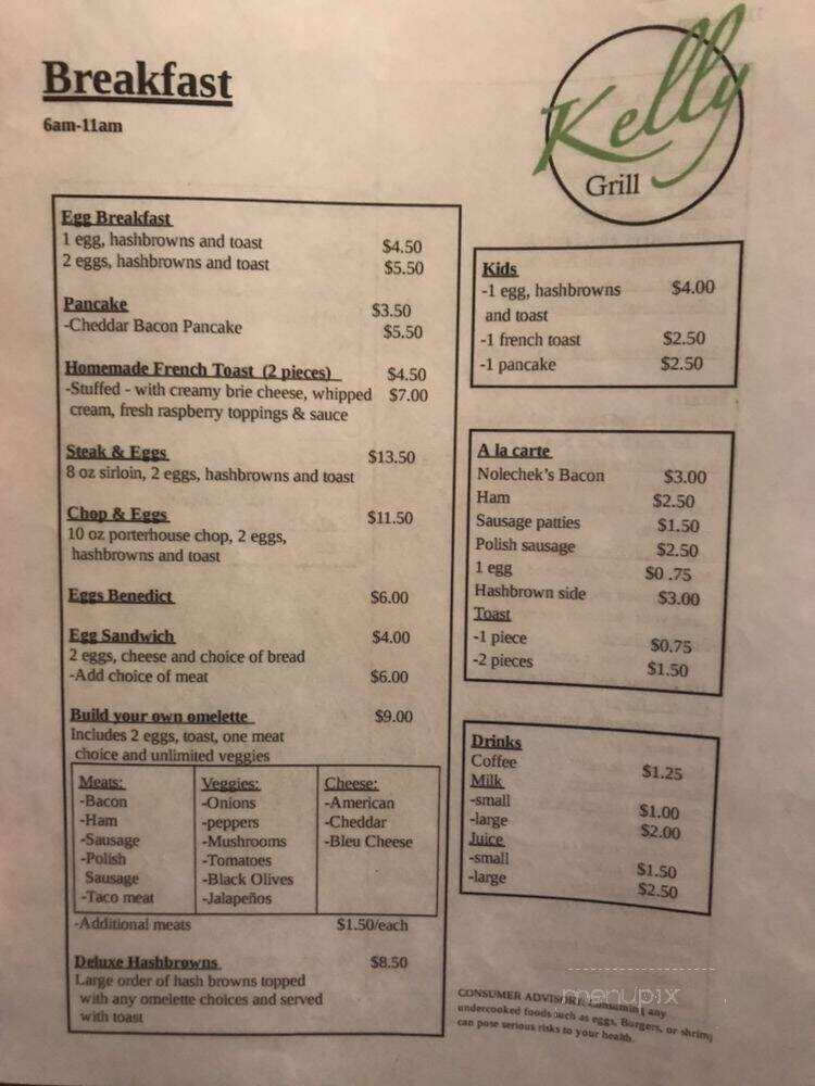 Kelly Grill - Stanley, WI menu_pic