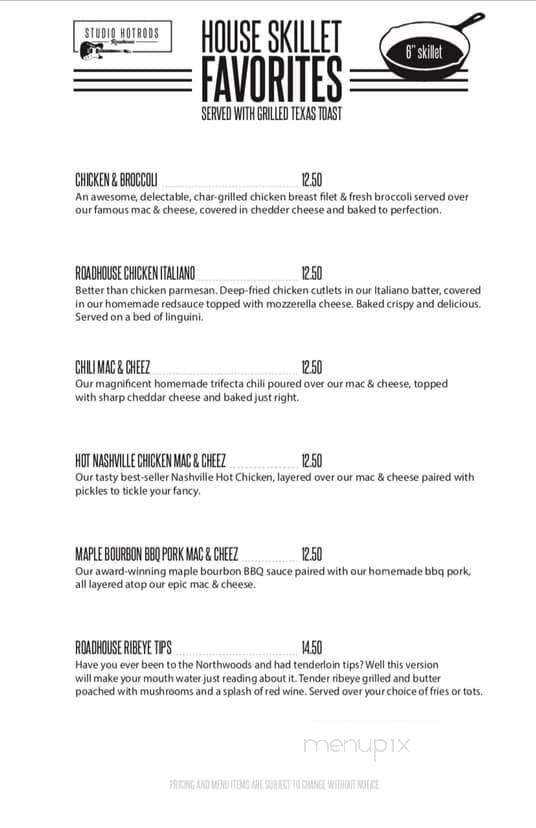 Studio Hotrods Roadhouse - Fox Lake, IL menu_pic