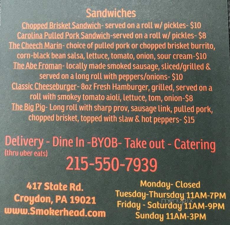 Smokerhead Barbecue - Croydon, PA menu_pic