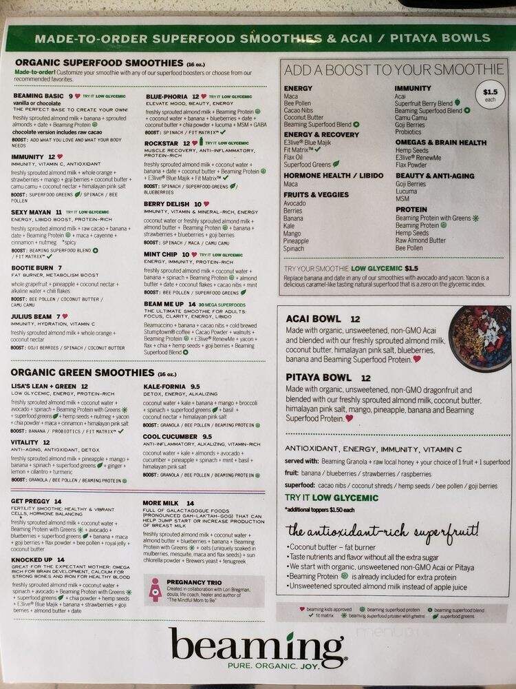 Beaming Organic Superfood Cafe - Pasadena, CA menu_pic