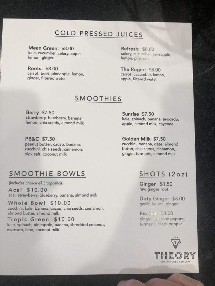 Theory Coffeehouse and Juicery - Oklahoma City, OK menu_pic