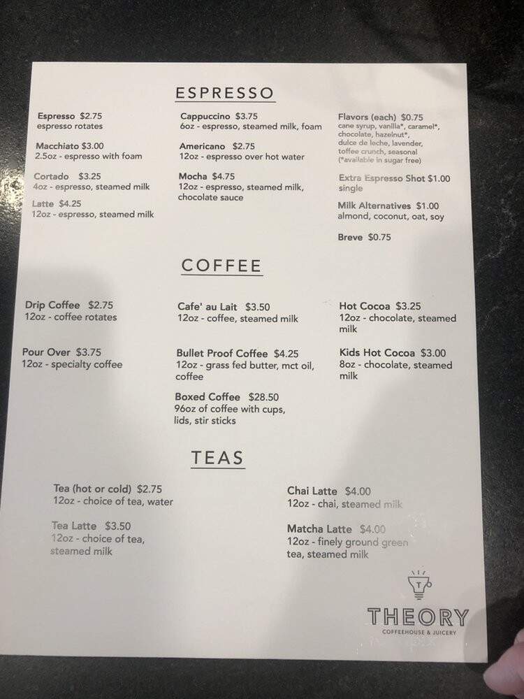 Theory Coffeehouse and Juicery - Oklahoma City, OK menu_pic
