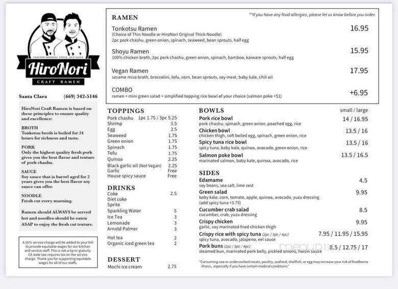 HiroNori Craft Ramen - Santa Clara, CA menu_pic