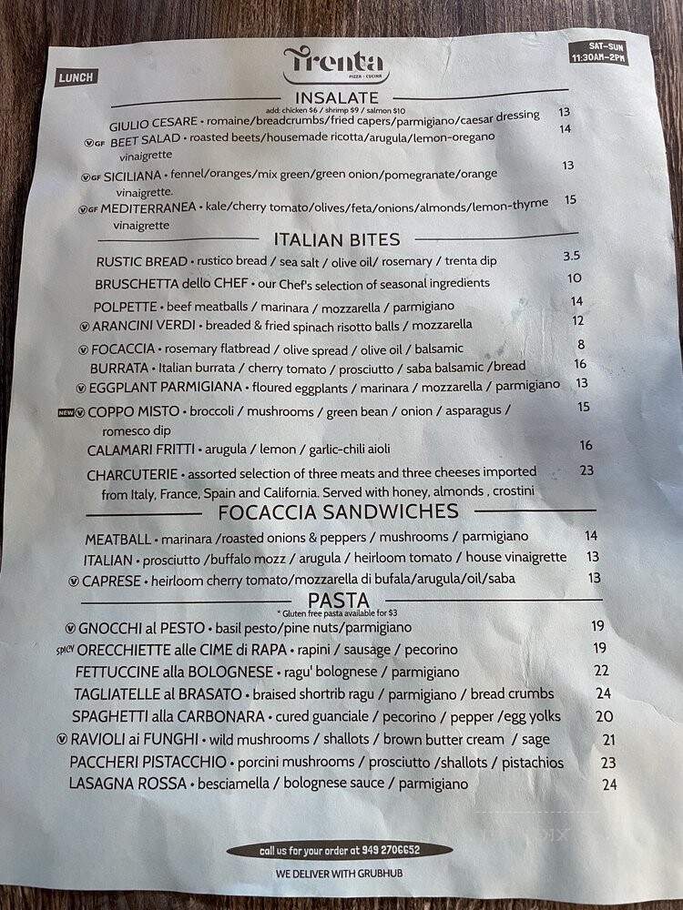 Trenta Pizza and Cucina - Costa Mesa, CA menu_pic