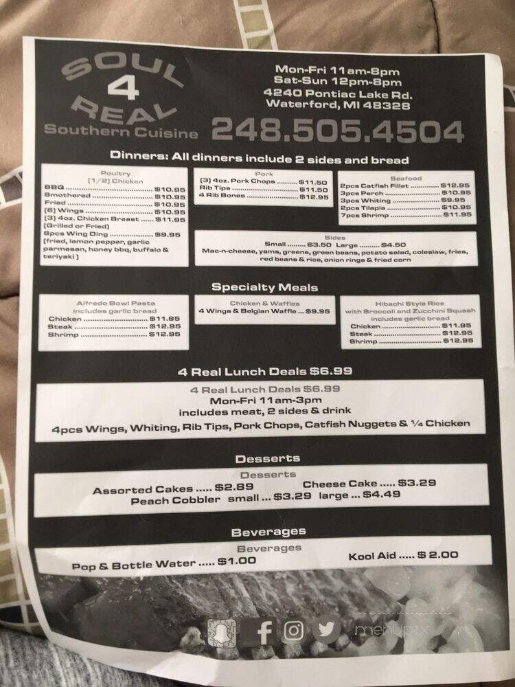 Soul4real Southern Cuisine - Waterford Township, MI menu_pic