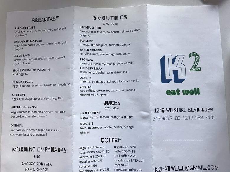K2 Food & Coffee - Los Angeles, CA menu_pic
