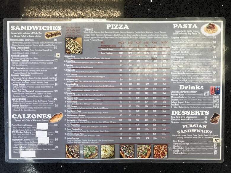 Unique Pizzeria - Glendale, CA menu_pic