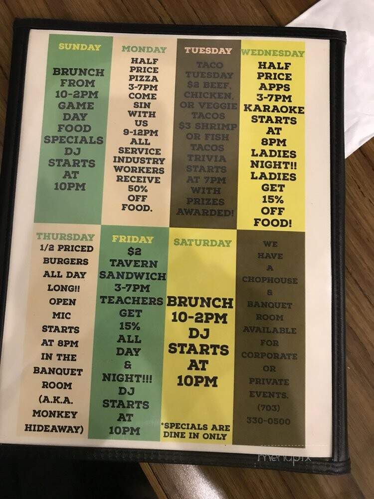 Three Monkeys Pub and Chophouse - Manassas, VA menu_pic
