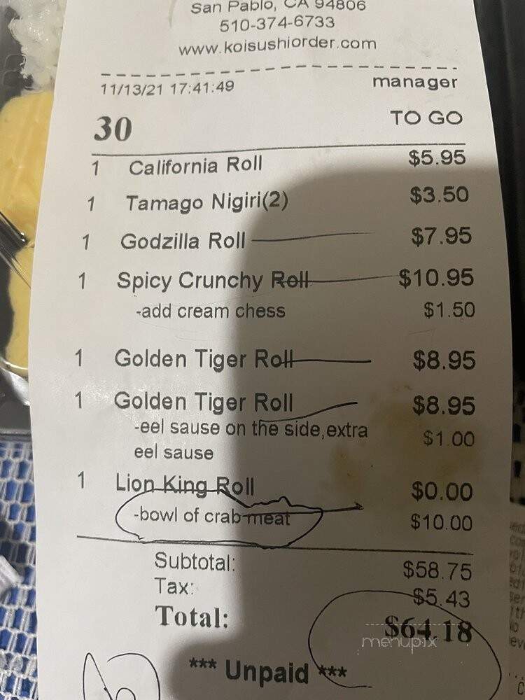 Koi Sushi - San Pablo, CA menu_pic