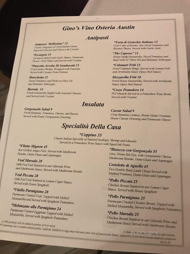 Gino's Vino Osteria - Round Rock, TX menu_pic