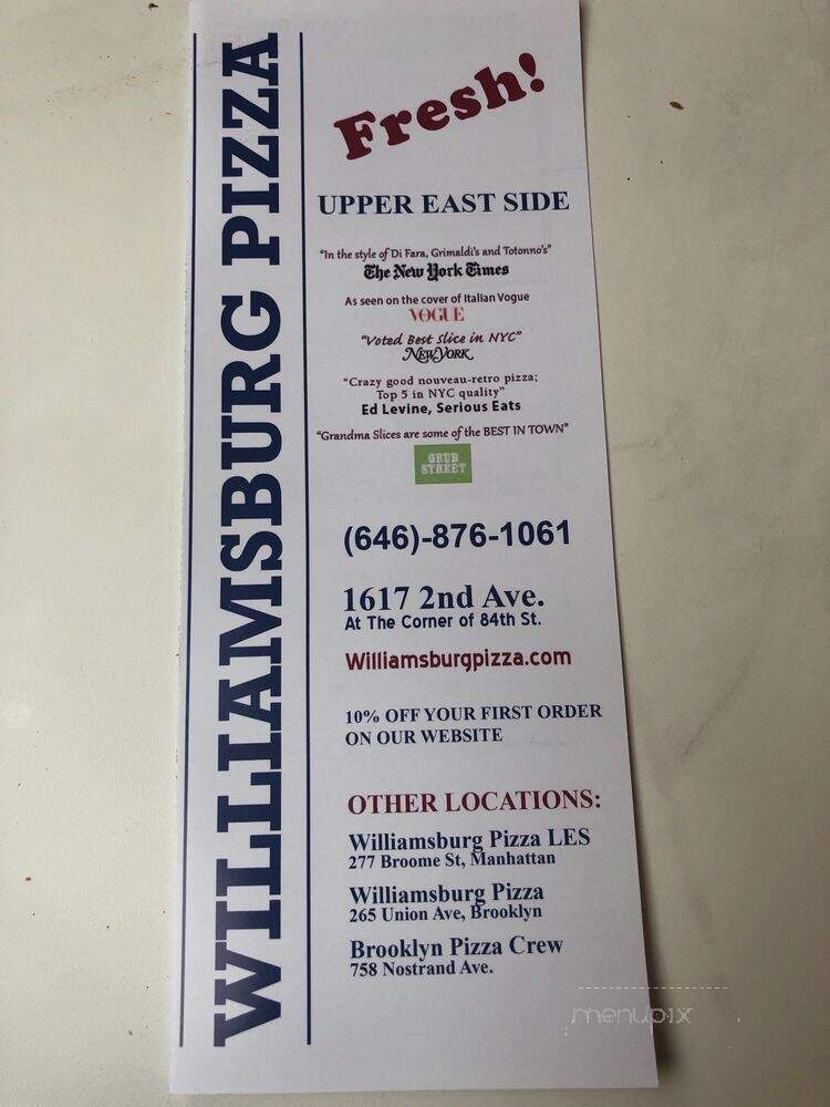 Williamsburg Pizza - New York, NY menu_pic