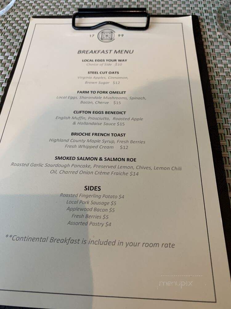 1799 Restaurant - Charlottesville, VA menu_pic