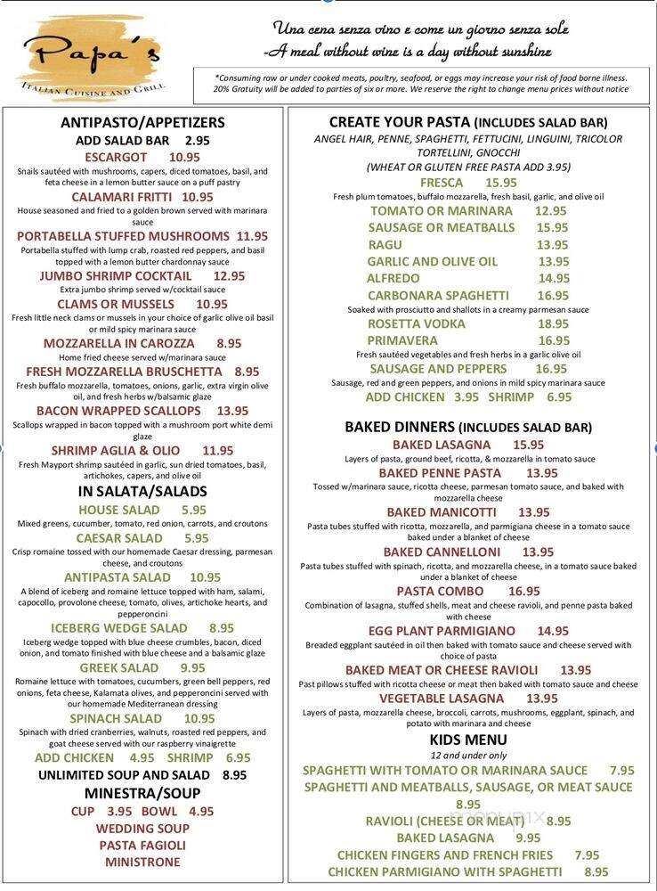 Papa's Italian Cuisine And Grill - Jacksonville, FL menu_pic