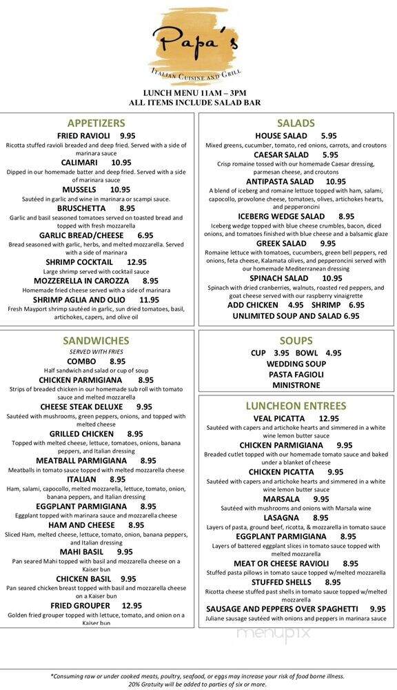 Papa's Italian Cuisine And Grill - Jacksonville, FL menu_pic