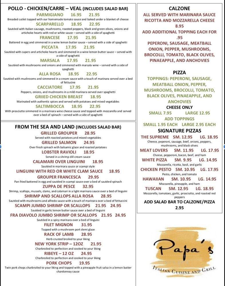 Papa's Italian Cuisine And Grill - Jacksonville, FL menu_pic