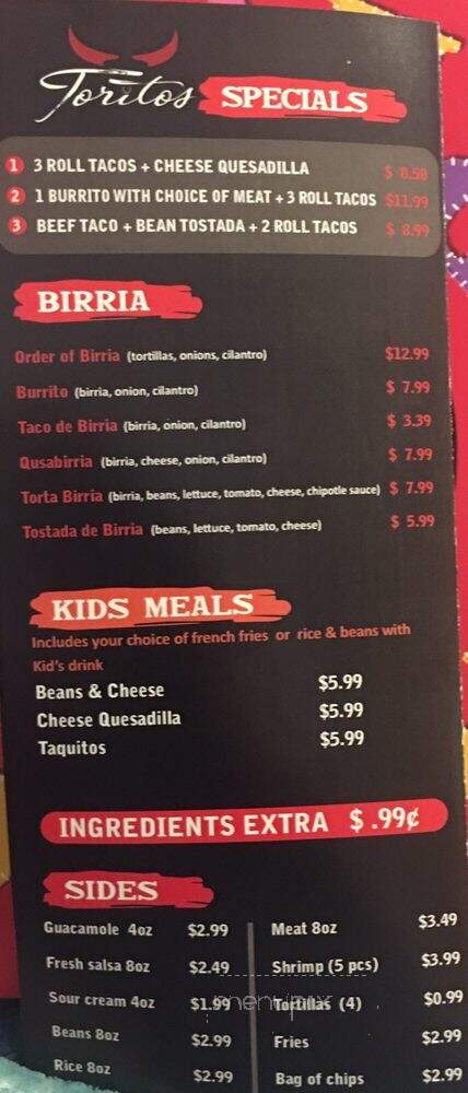 Toritos Mexican Grill - San Diego, CA menu_pic