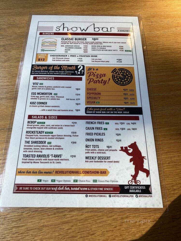 Show Bar - Portland, OR menu_pic