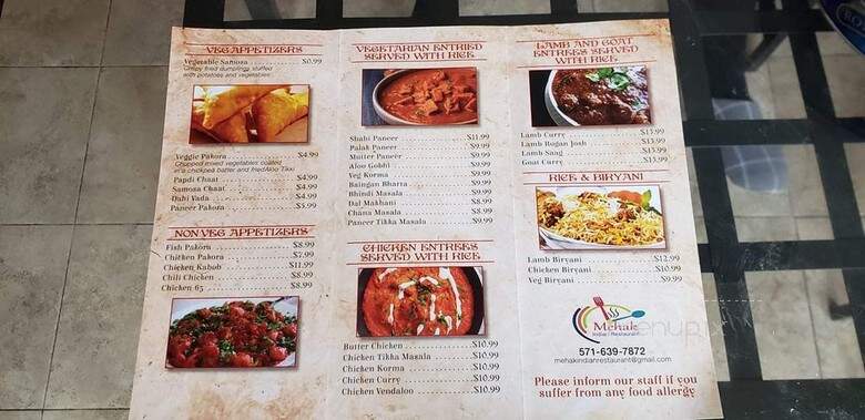 Mehak Indian Restaurant - Chantilly, VA menu_pic