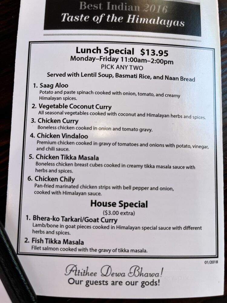 Taste of the Himalayas - San Diego, CA menu_pic