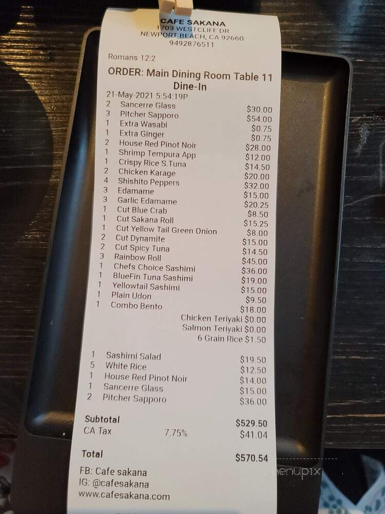 Cafe Sakana - Newport Beach, CA menu_pic