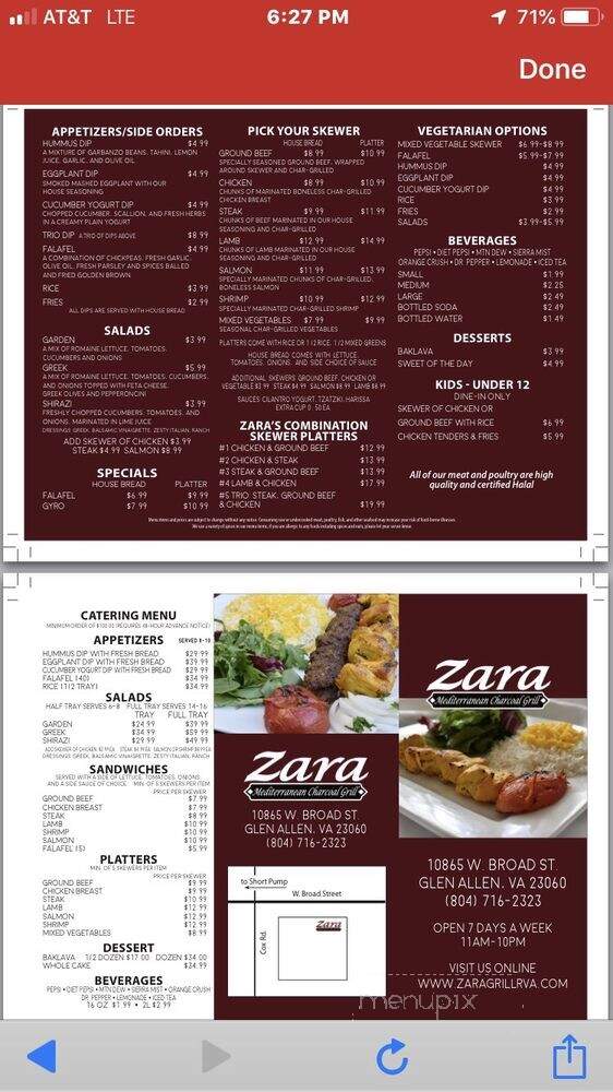 Zara Mediterranean Charcoal Grill - Glen Allen, VA menu_pic