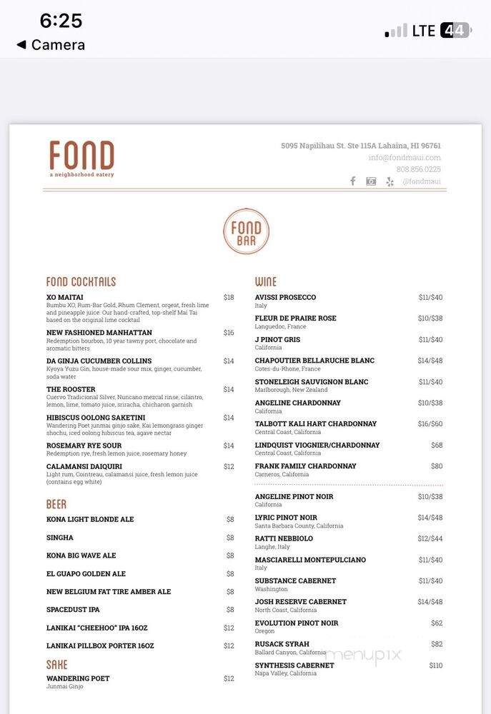 Fond Maui - Lahaina, HI menu_pic