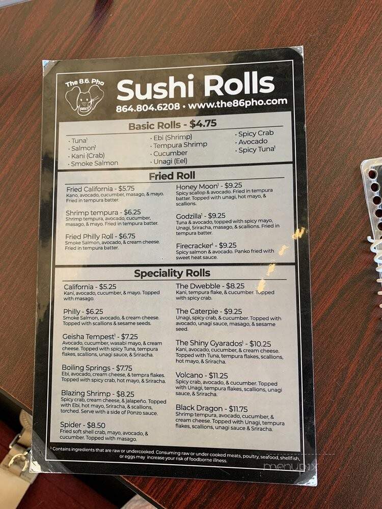 The 8.6. Pho - Boiling Springs, SC menu_pic