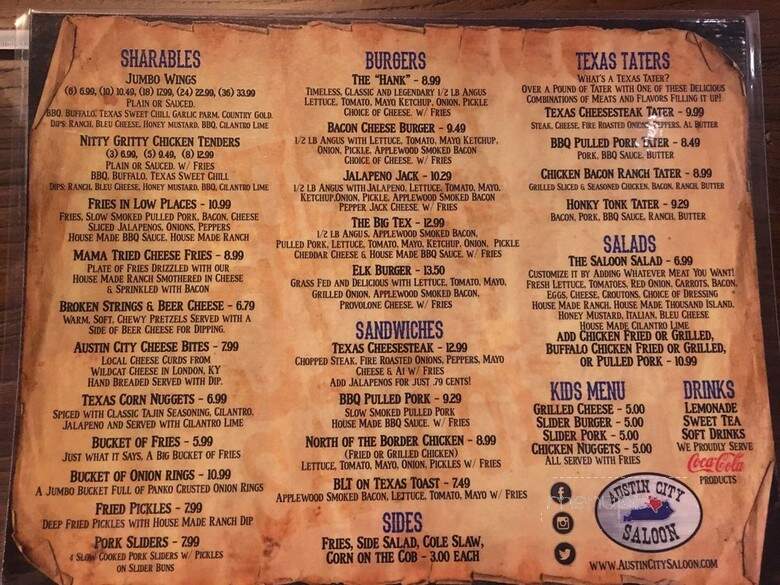 Austin City Saloon - Corbin, KY menu_pic