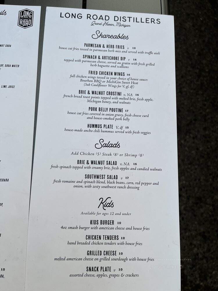Long Road Distillers - Grand Haven, MI menu_pic