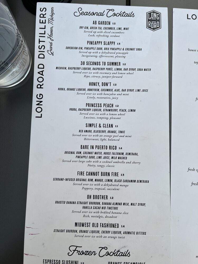 Long Road Distillers - Grand Haven, MI menu_pic