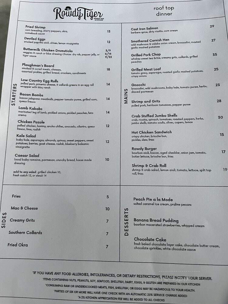 Rowdy Tiger Whiskey Bar & Kitchen - Atlanta, GA menu_pic