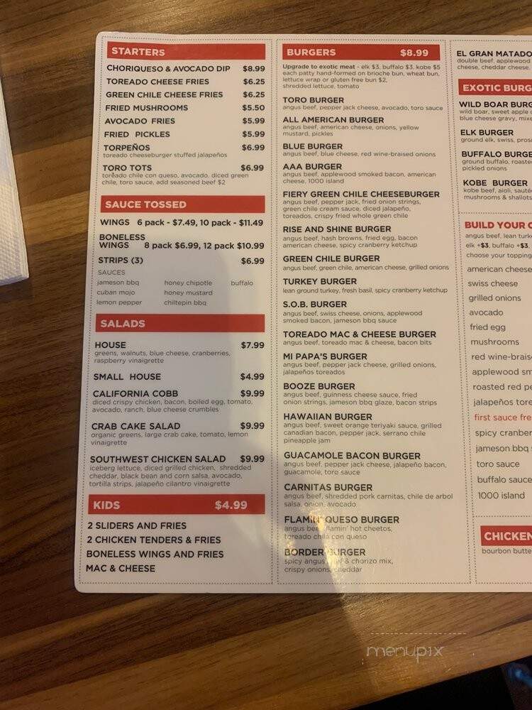 Toro Burger Bar - Horizon City, TX menu_pic