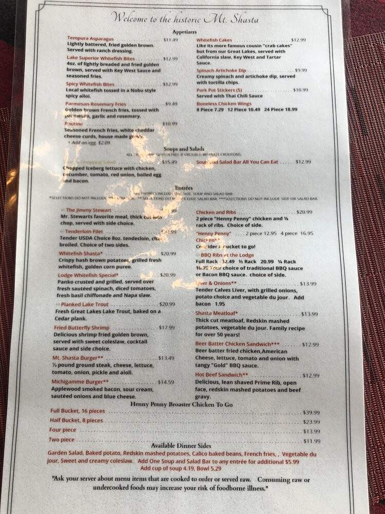 Mt Shasta - Michigamme Township, MI menu_pic