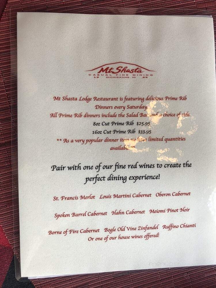 Mt Shasta - Michigamme Township, MI menu_pic