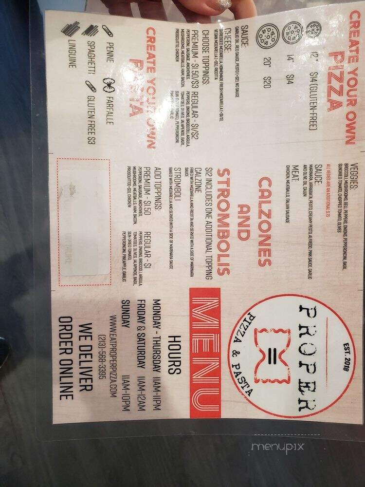 Proper Pizza and Pasta - Los Angeles, CA menu_pic